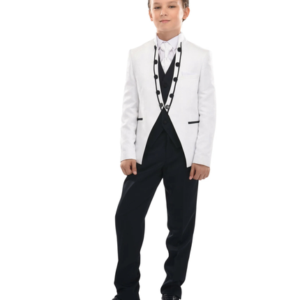 Moustache-Kids-Model-wearing-white-ivory-tuxedo-4-piece-suit-with-black-dress-pants-black-shoes