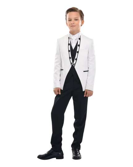 Moustache-Kids-Model-wearing-white-ivory-tuxedo-4-piece-suit-with-black-dress-pants-black-shoes