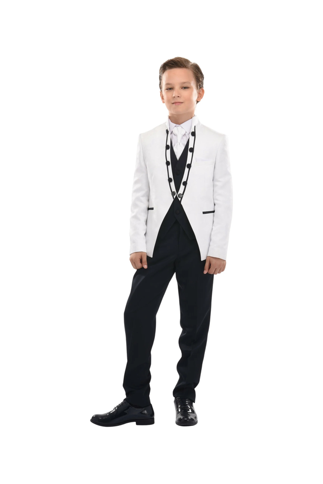 Moustache-Kids-Model-wearing-white-ivory-tuxedo-4-piece-suit-with-black-dress-pants-black-shoes