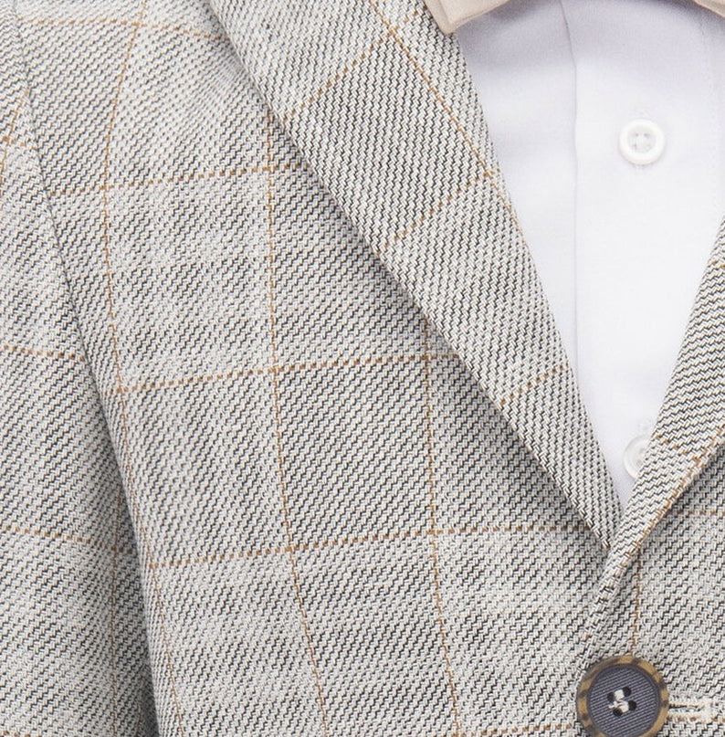 Beige Plaid Peak Lapel Suit