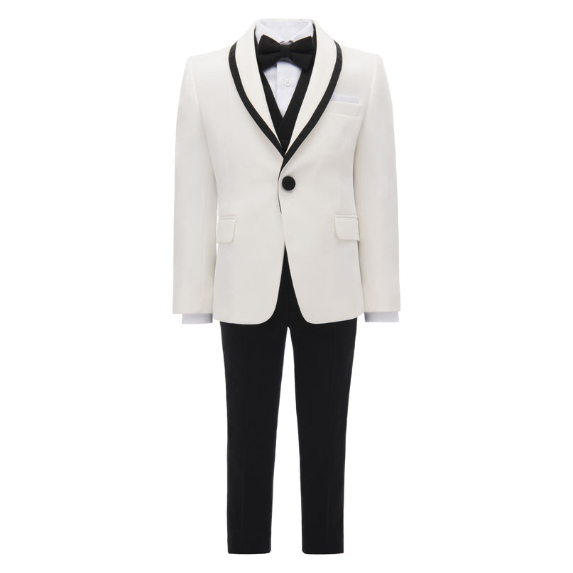 kidsatelier moustache Cream-Black Trim Shawl Lapel 5 Pcs Tuxedo Set