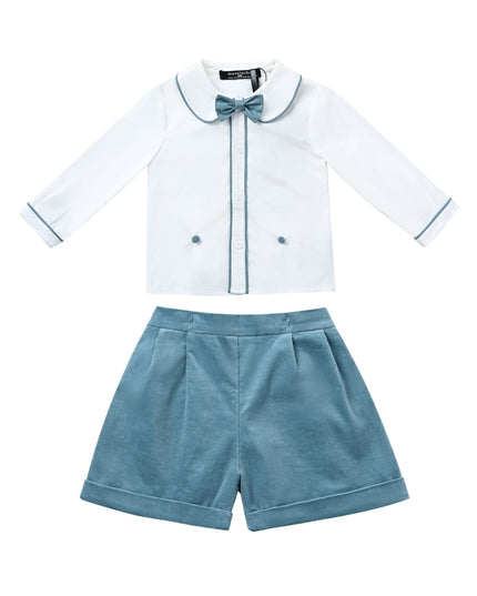 kids atelier moustache White & Teal Formal Shorts Set