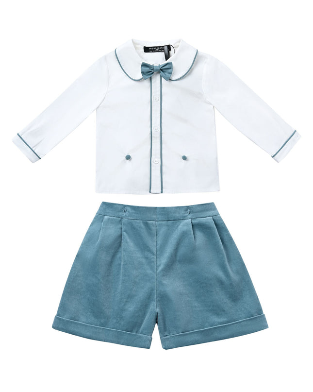 kids atelier moustache White & Teal Formal Shorts Set
