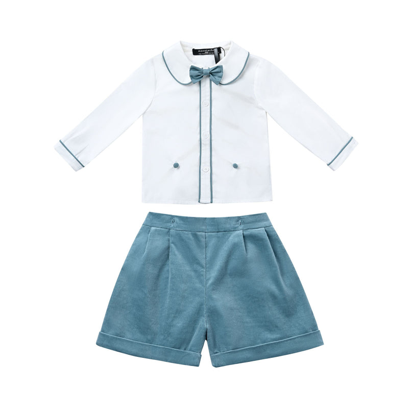 kids atelier moustache White & Teal Formal Shorts Set