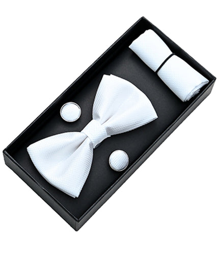 kids atelier moustache-kids-white-crosshatched-bowtie-cufflinks-square-set-set