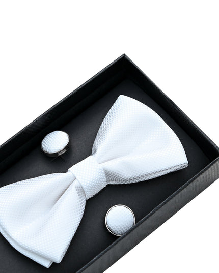 kids atelier moustache-kids-white-crosshatched-bowtie-cufflinks-square-set-set