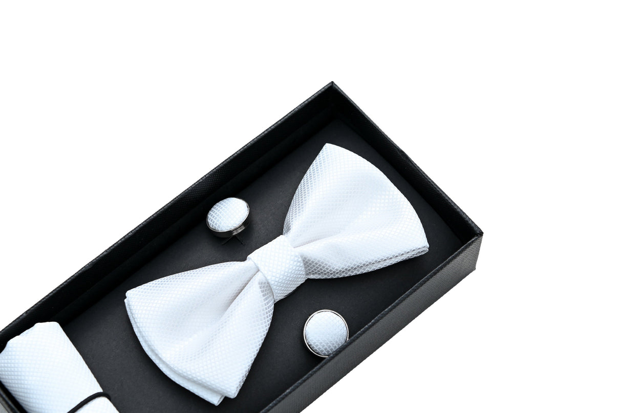 kids atelier moustache-kids-white-crosshatched-bowtie-cufflinks-square-set-set