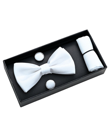kids atelier moustache-kids-white-crosshatched-bowtie-cufflinks-square-set-set