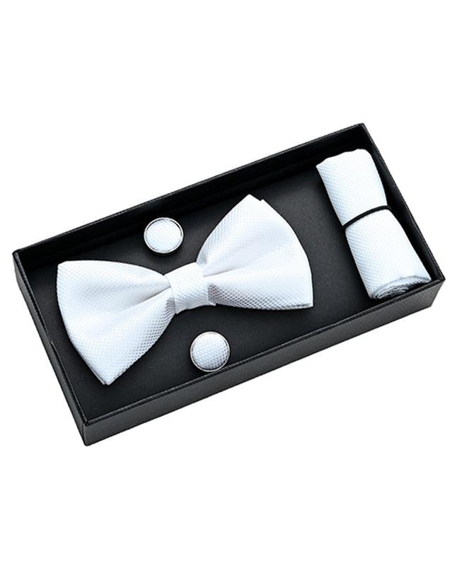 kids atelier moustache-kids-white-crosshatched-bowtie-cufflinks-square-set-set