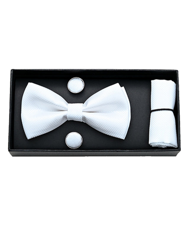 kids atelier moustache-kids-white-crosshatched-bowtie-cufflinks-square-set-set