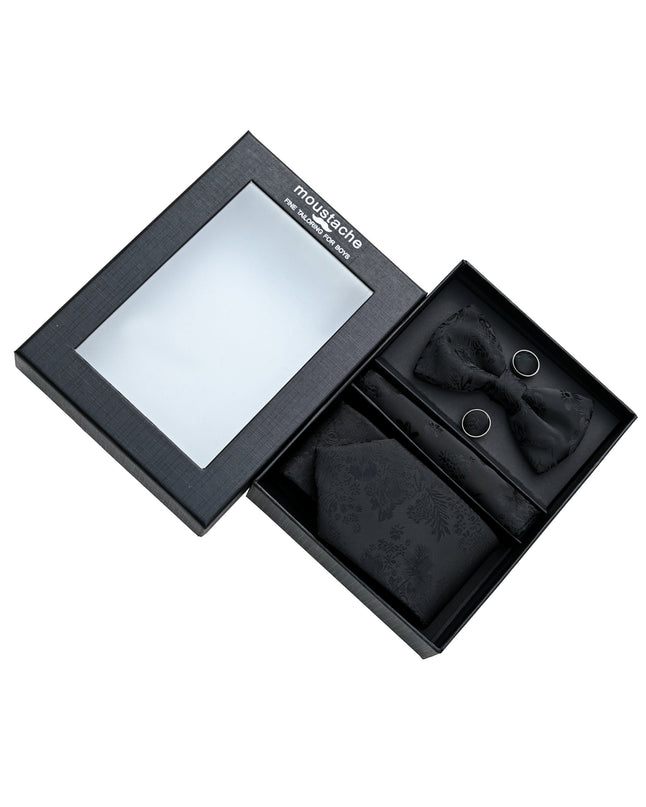 kids atelier moustache-kids-black-floral-tie-bowtie-pocketsquare-cufflinks-set-ma42036