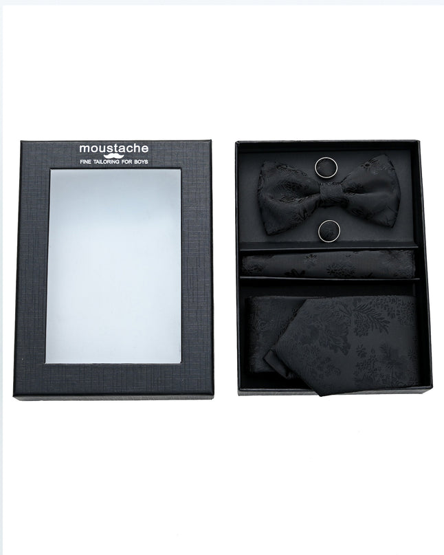 kids atelier moustache-kids-black-floral-tie-bowtie-pocketsquare-cufflinks-set-ma42036