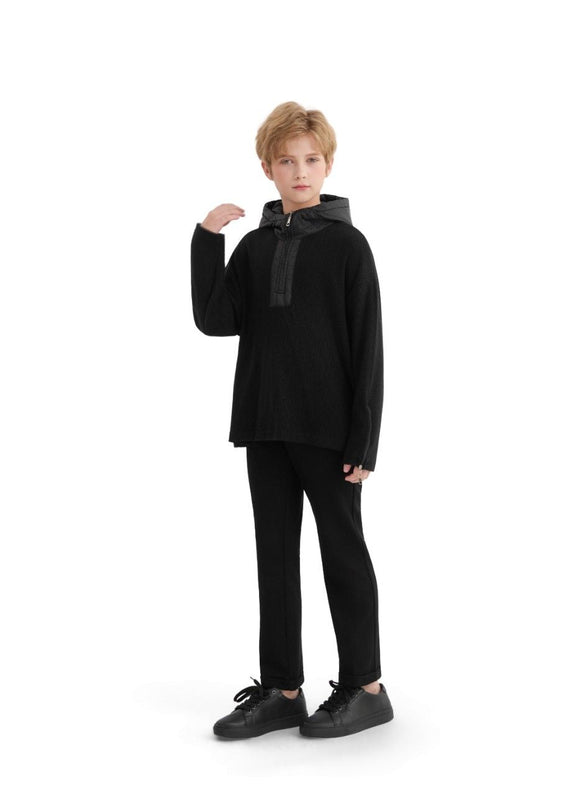 kids atelier moustache Black Ribbed Half-Zip Hoodie