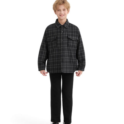 kids atelier moustache Black and Gray Plaid Flannel Shirt