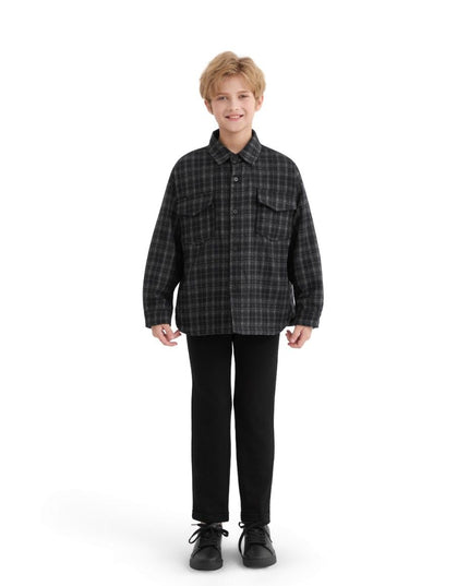 kids atelier moustache Black and Gray Plaid Flannel Shirt