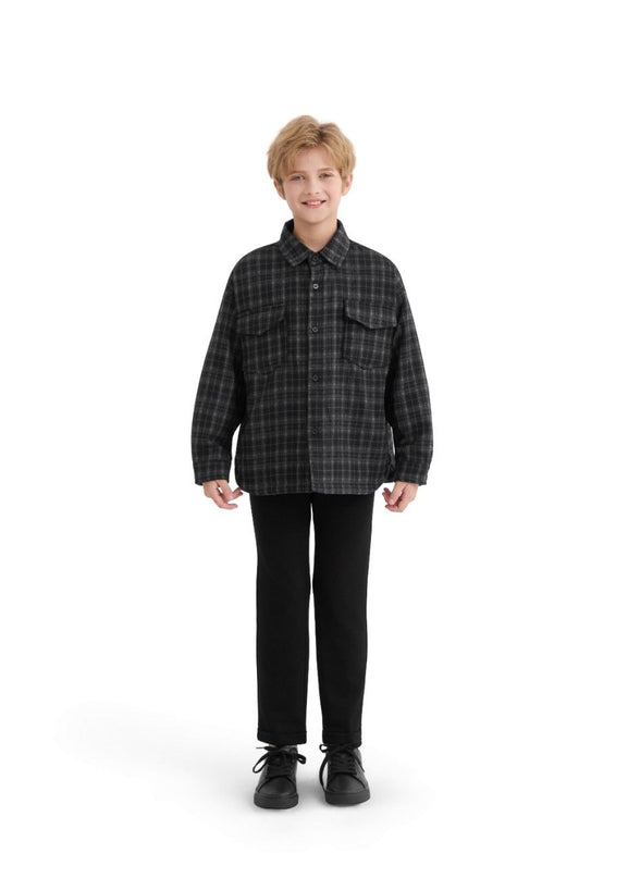 kids atelier moustache Black and Gray Plaid Flannel Shirt