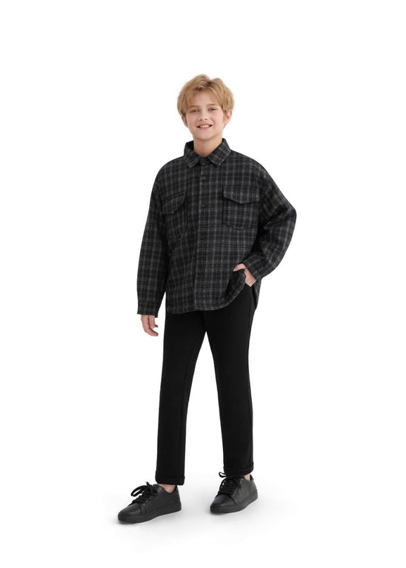 kids atelier moustache Black and Gray Plaid Flannel Shirt