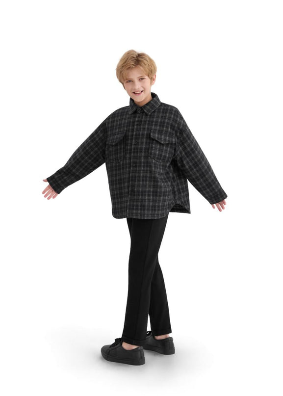 kids atelier moustache Black and Gray Plaid Flannel Shirt
