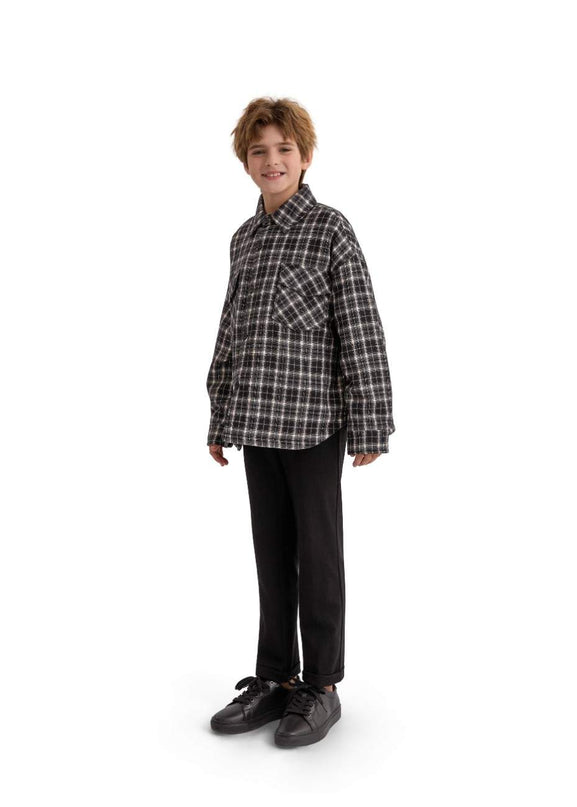 kids atelier moustache Gray Plaid Flannel Shirt