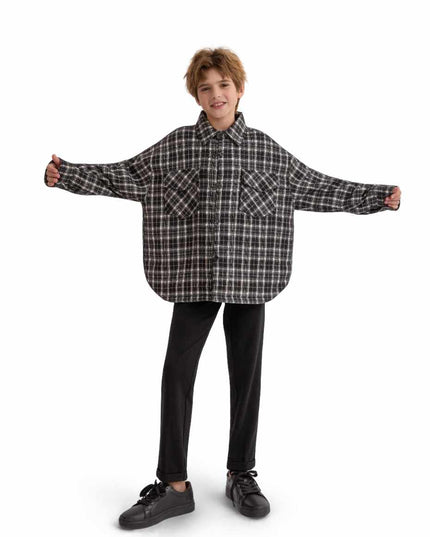 kids atelier moustache Gray Plaid Flannel Shirt