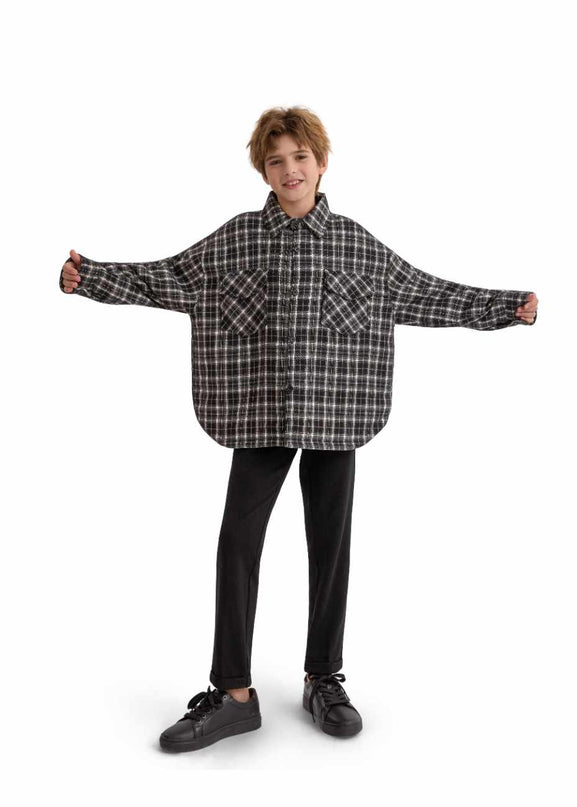 kids atelier moustache Gray Plaid Flannel Shirt