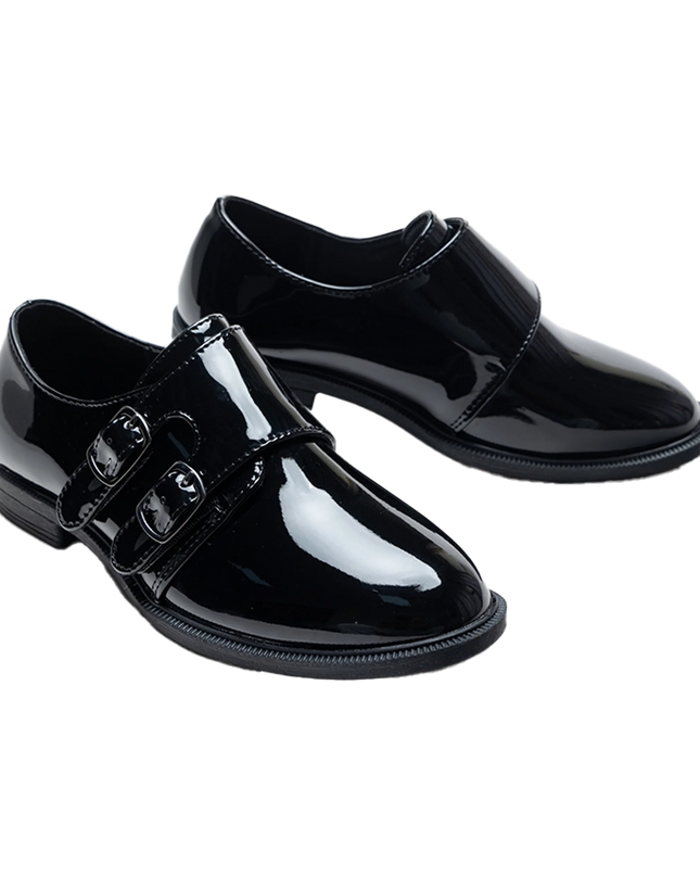 black dress shoes buckle HUGO Leather Monk Strap Shoes with brogue Detailing