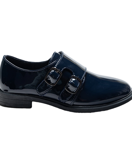 kids atelier moustache Navy Patent Buckle dress shoes