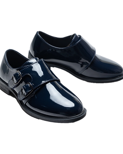 kids atelier moustache Navy Patent Buckle dress shoes