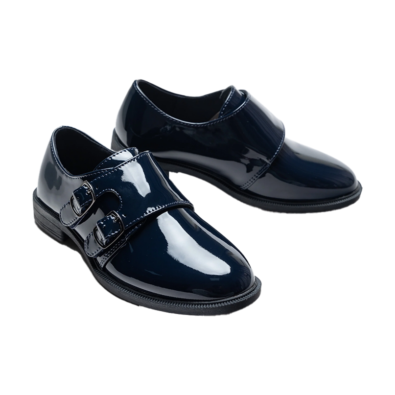 kids atelier moustache Navy Patent Buckle dress shoes