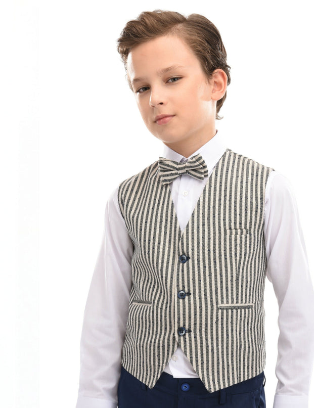 kids atelier moustache Gray Ruggero Striped Vest Outfit Set