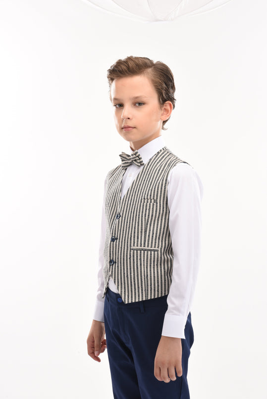 kids atelier moustache Gray Ruggero Striped Vest Outfit Set