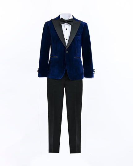 kids atelier moustache Blue Velvet Suit with Black Accents
