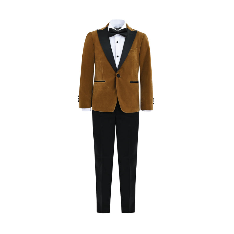 kids atelier moustache Brown Velvet Suit with Black Accents