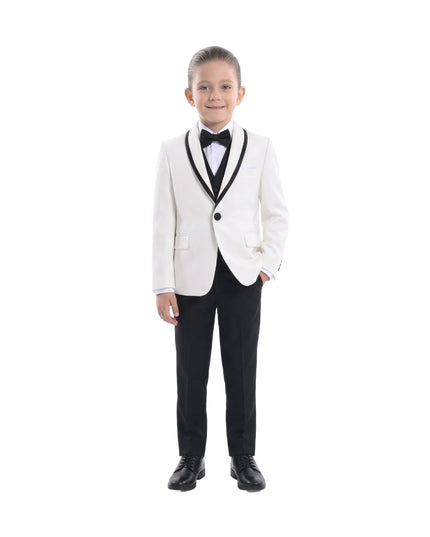 kids atelier moustache Cream-Black Trim Shawl Lapel 5 Pcs Tuxedo Set