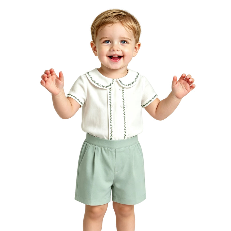 kids atelier moustache Light Green Shorts Set
