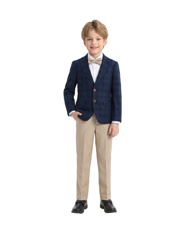 kids atelier moustache Blue Plaid Suit with Beige Accents