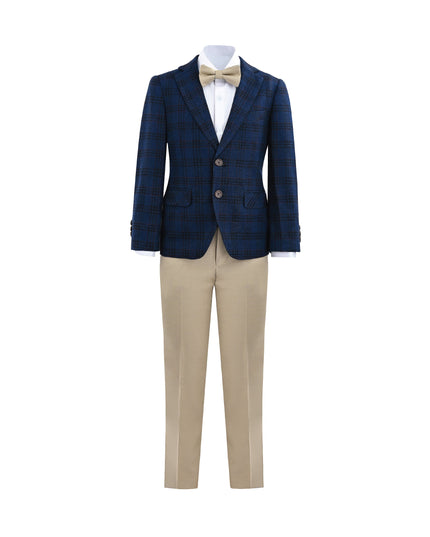 kids atelier moustache Blue Plaid Suit with Beige Accents