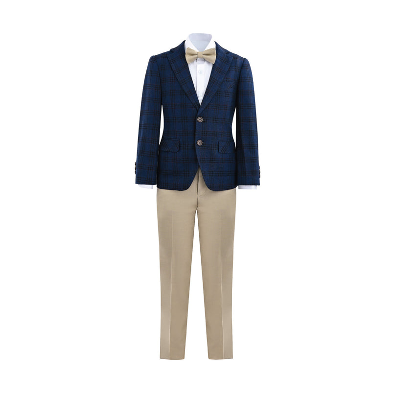 kids atelier moustache Blue Plaid Suit with Beige Accents