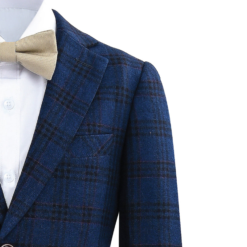 kids atelier moustache Blue Plaid Suit with Beige Accents