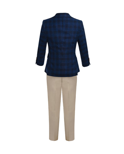 kids atelier moustache Blue Plaid Suit with Beige Accents