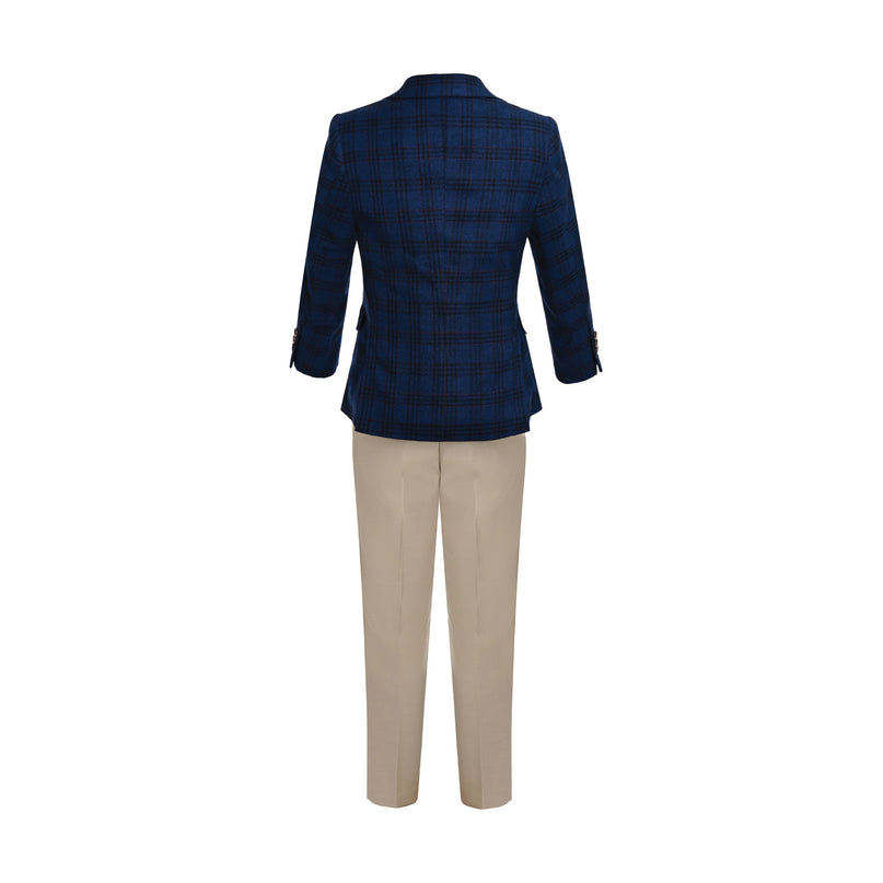 kids atelier moustache Blue Plaid Suit with Beige Accents