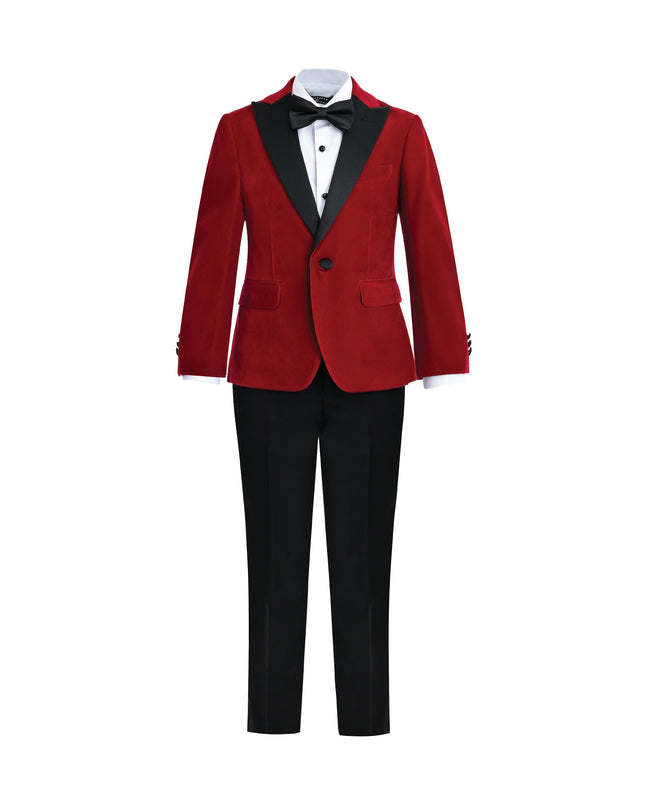 kids atelier moustache Red Velvet Suit with Black Accents