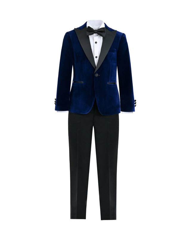 kids atelier moustache Blue Velvet Suit with Black Accents