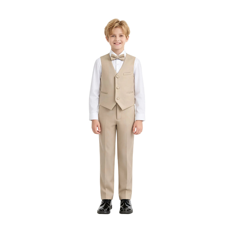 kids atelier moustache Beige Serge Formal Vest & Bow Tie Suit Set