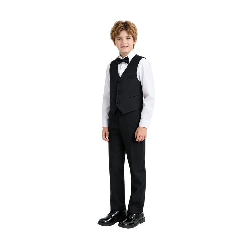 kids atelier moustache Black Serge Formal Vest & Bow Tie Suit Set