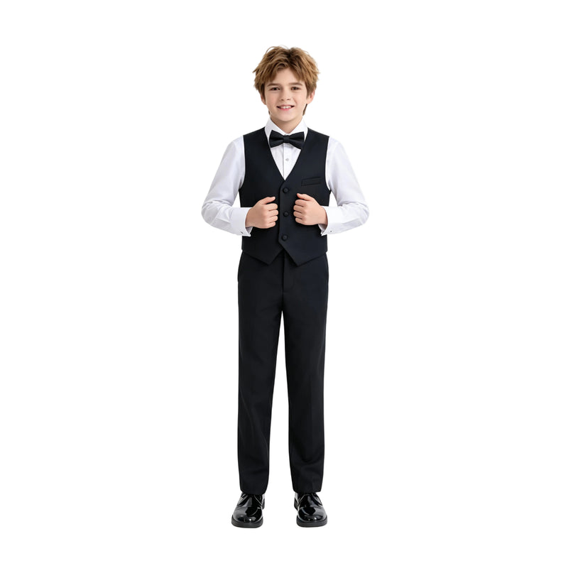 kids atelier moustache Black Serge Formal Vest & Bow Tie Suit Set