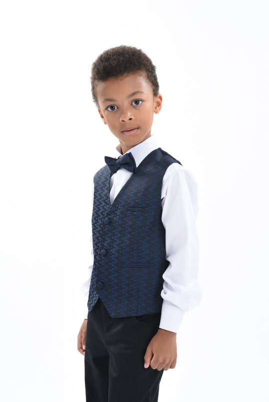 Navy Geometric Print Vest and Bowtie