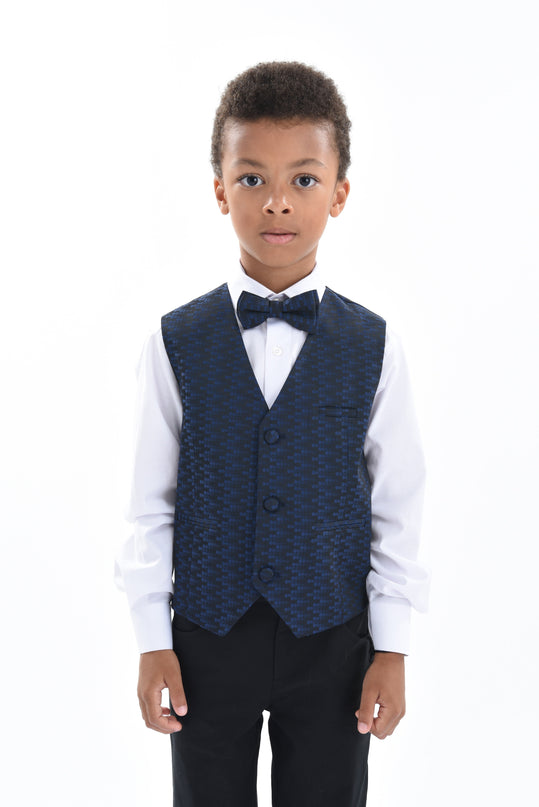 Navy Geometric Print Vest and Bowtie