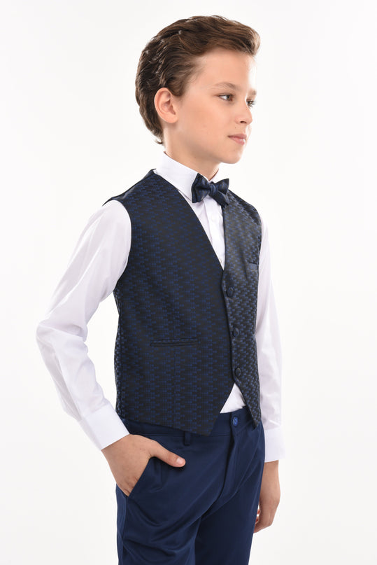 Navy Geometric Print Vest and Bowtie