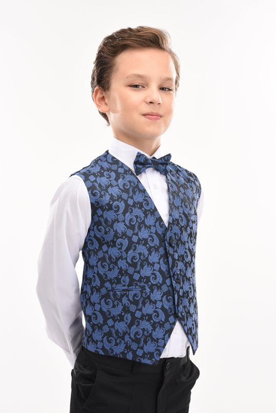 Blue Floral Print Vest & Bowtie